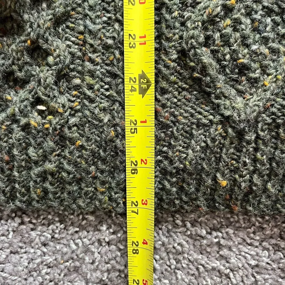 VTG Aran Islands Irish Wool Sweater Green Chunky Fisherman Cable Knit Shawl Sz L